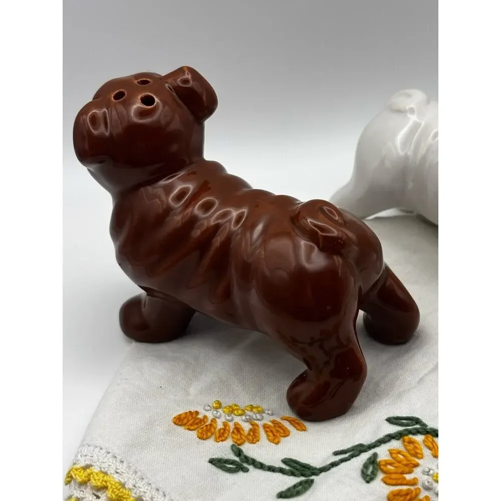 Ceramic Bulldog Salt & Pepper Shaker Set Brown & White Dog Kitchen Decor